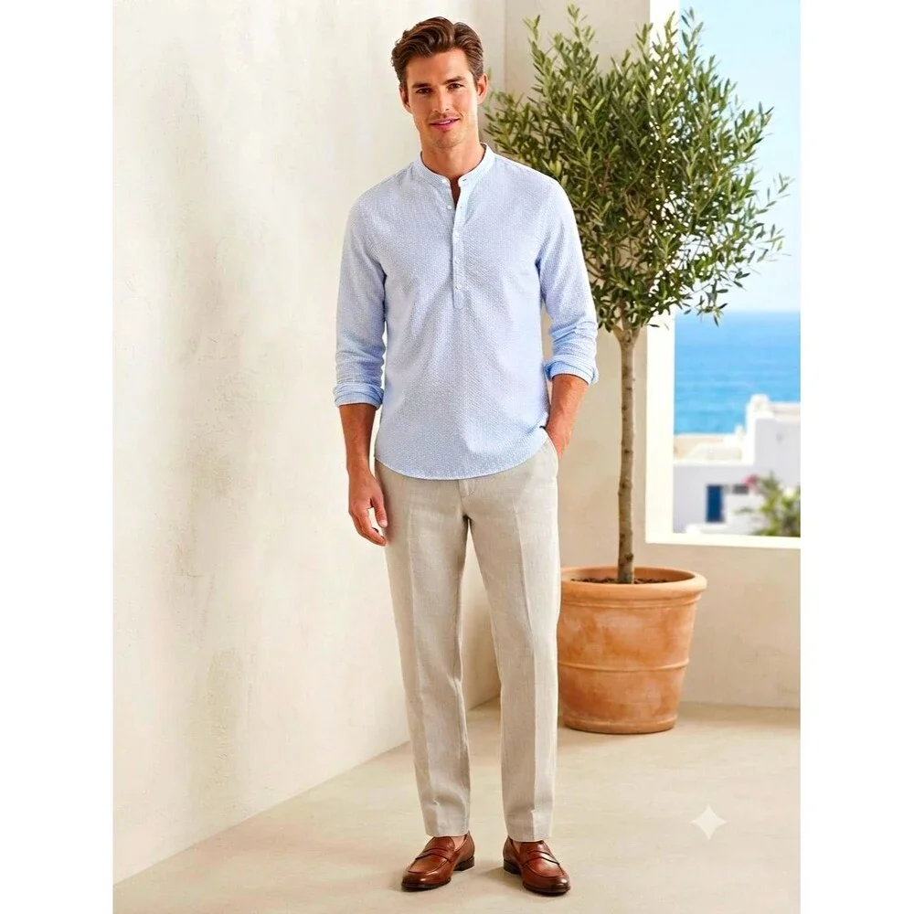 John P. Blue/White Striped XL Cotton Band Collar Long Sleeve Button-Up Shirt